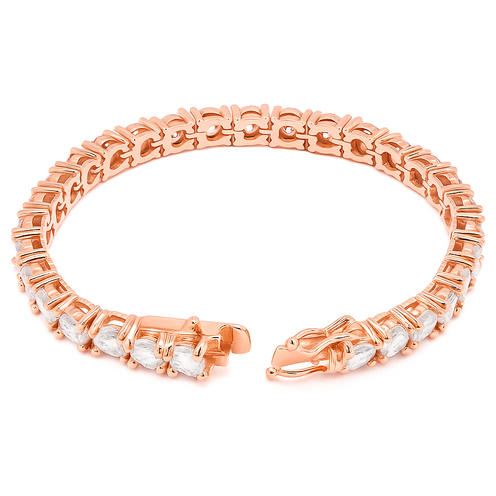 Alt text: “Rose gold tennis bracelet by TAHI Jewelry Inc featuring brilliant round stones and a sleek, polished finish.”