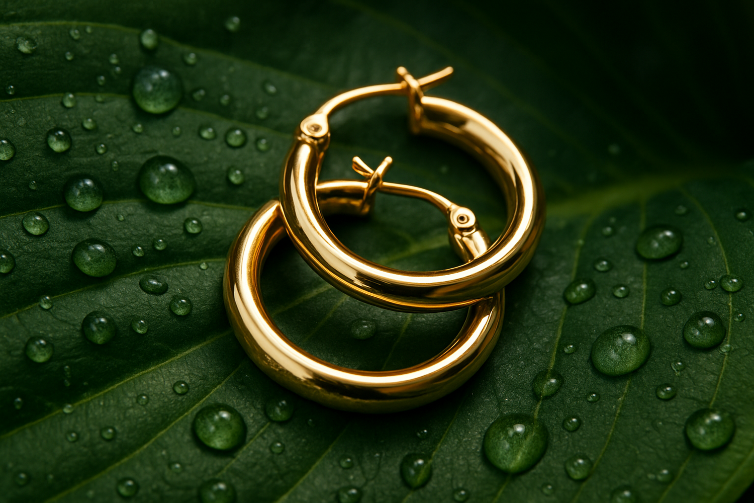 Close-up of 14k yellow gold hoop and stud earrings with screw-back and hinged closures, Tahi Jewelry.