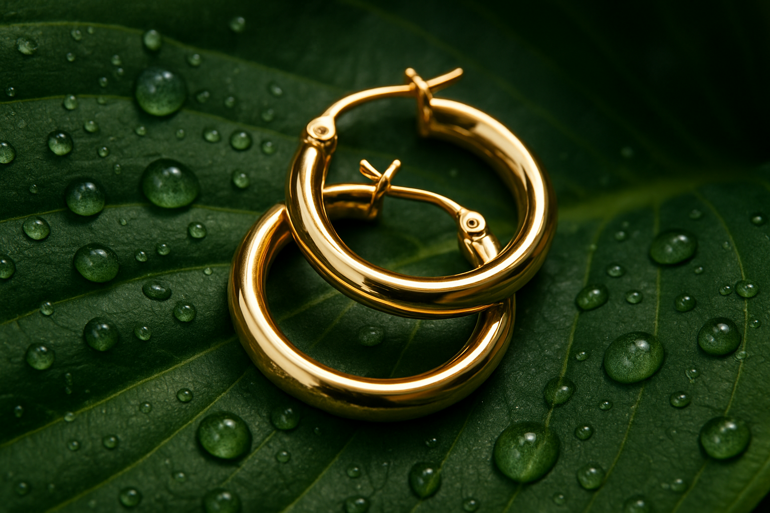 Close-up of 14k yellow gold hoop and stud earrings with screw-back and hinged closures, Tahi Jewelry.