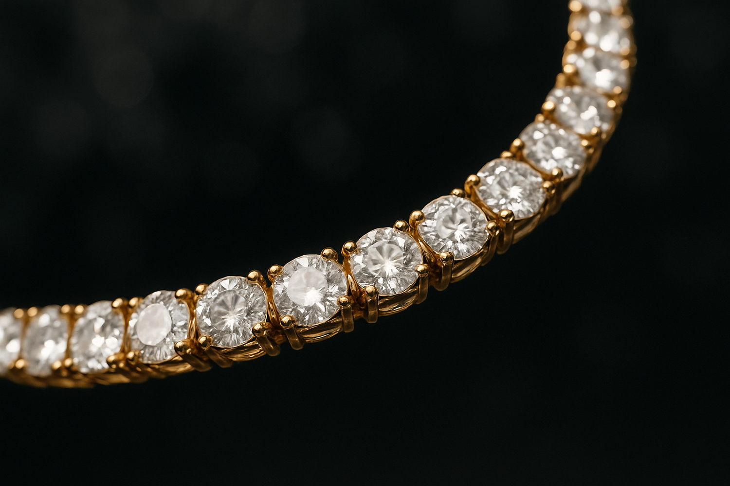 Alt" Close-up of a 14k yellow gold Tennis chain from Tahi Jewelry on a clean background.