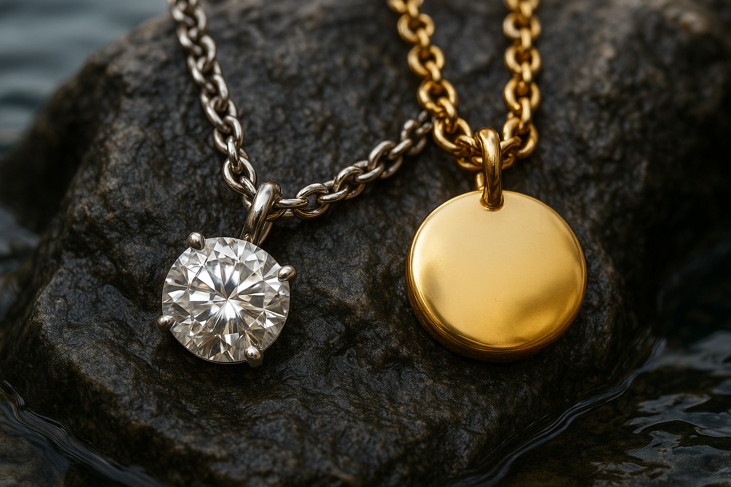 Close-up of 14k gold charms and pendants—initial, cross, and medallion—layered on a Cuban chain, Tahi Jewelry.