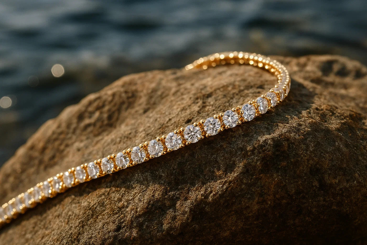 Alt" Close-up of a 14k yellow gold Tennis bracelet on wrist, Tahi Jewelry.
