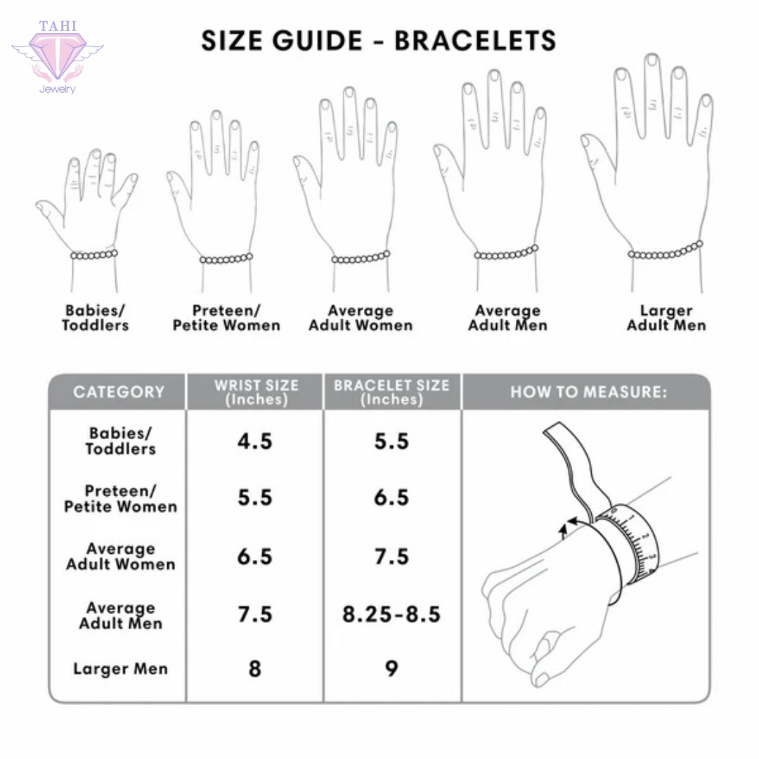 Size guide for bracelets with hand illustrations and measurement chart.