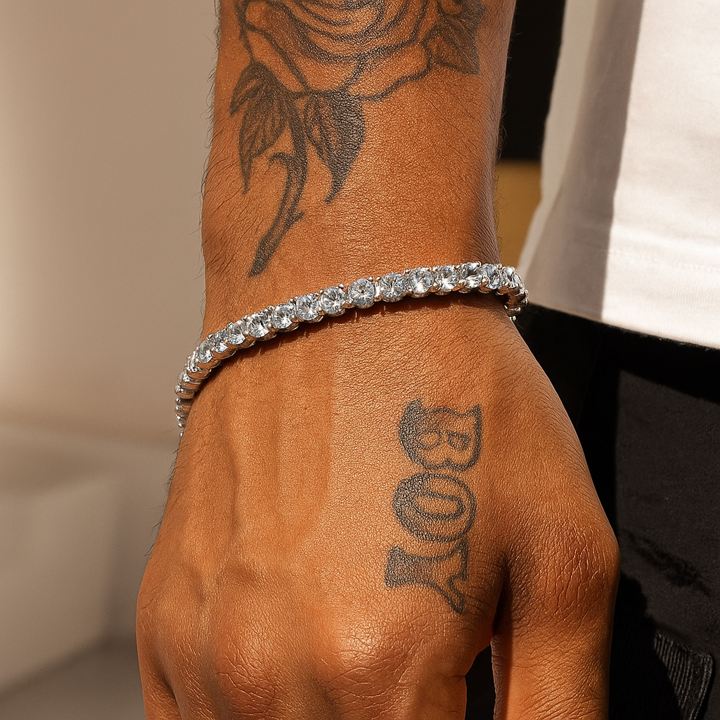 Alt text: “Male model wearing a TAHI Jewelry Inc tennis bracelet—clean, everyday luxury on the wrist.”