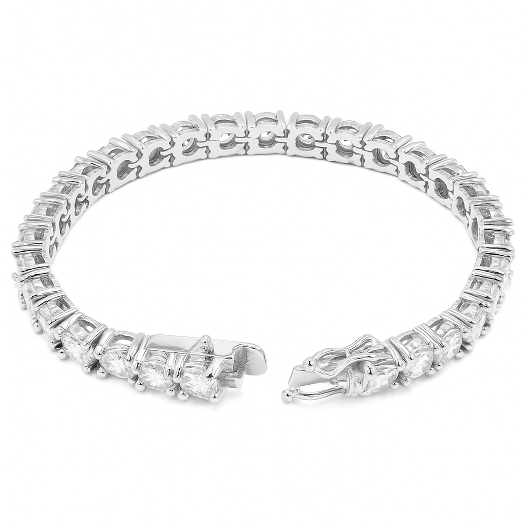 Alt text: “TAHI Jewelry Inc white gold tennis bracelet with round prong-set stones in a slim, flexible line.”